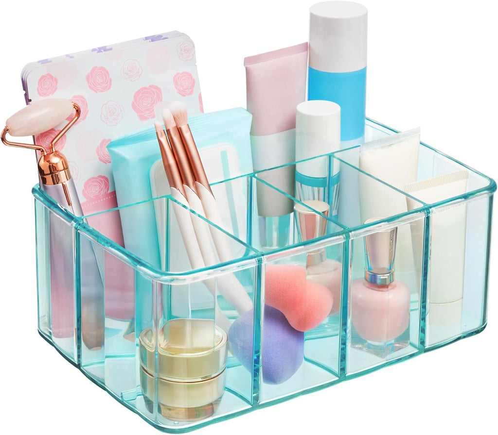 Plastic Vanity Organizer | 5-Compartments | Storage Bin for Makeup Brushes, Palettes, and Beauty Supplies | Keep Bath Products Organized on a Counter or under the Sink | Ocean Mist