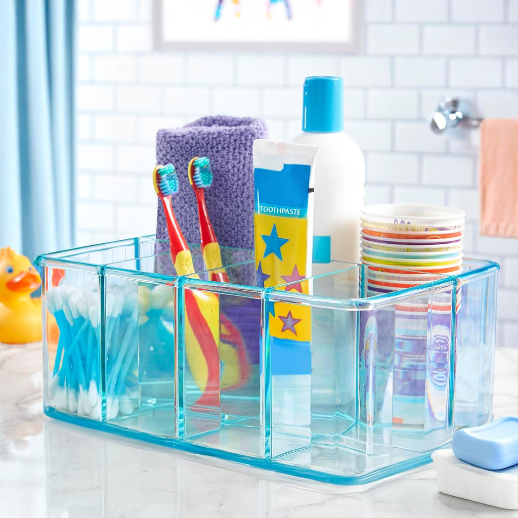 Plastic Vanity Organizer | 5-Compartments | Storage Bin for Makeup Brushes, Palettes, and Beauty Supplies | Keep Bath Products Organized on a Counter or under the Sink | Ocean Mist