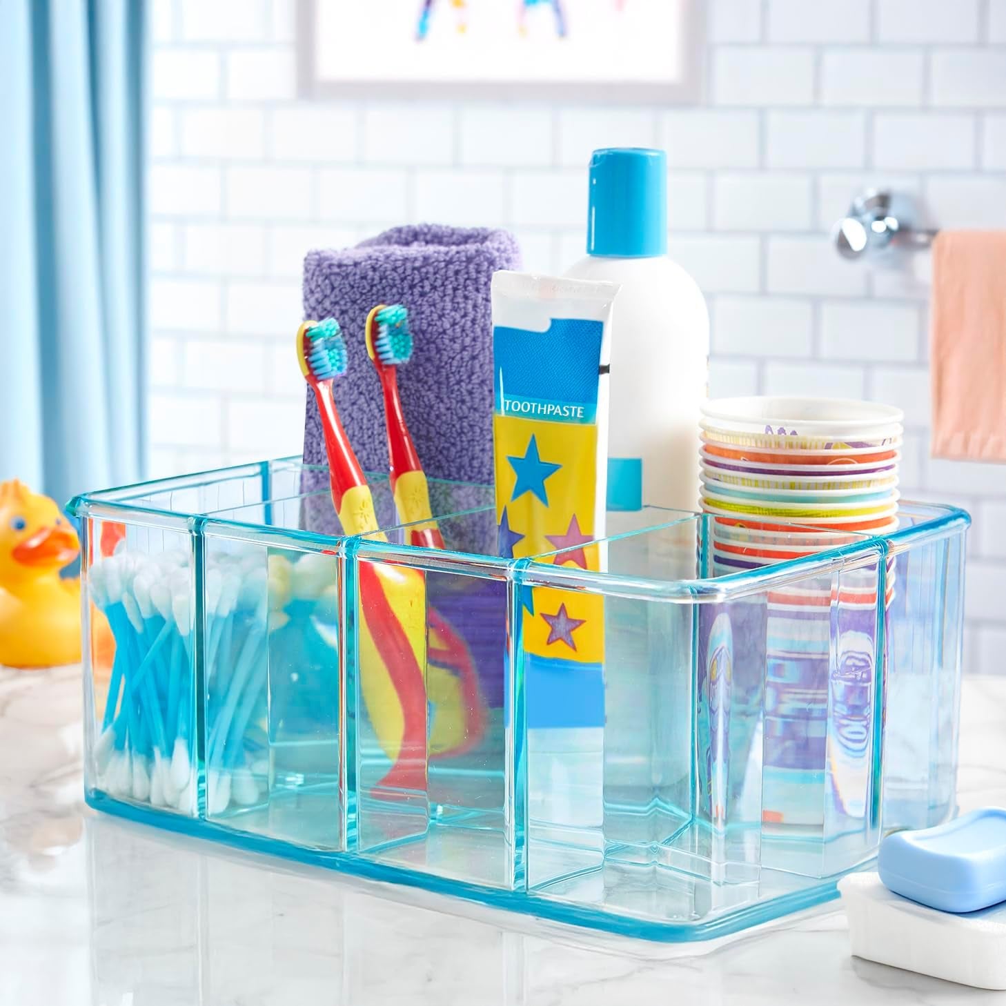 Plastic Vanity Organizer | 5-Compartments | Storage Bin for Makeup Brushes, Palettes, and Beauty Supplies | Keep Bath Products Organized on a Counter or under the Sink | Ocean Mist