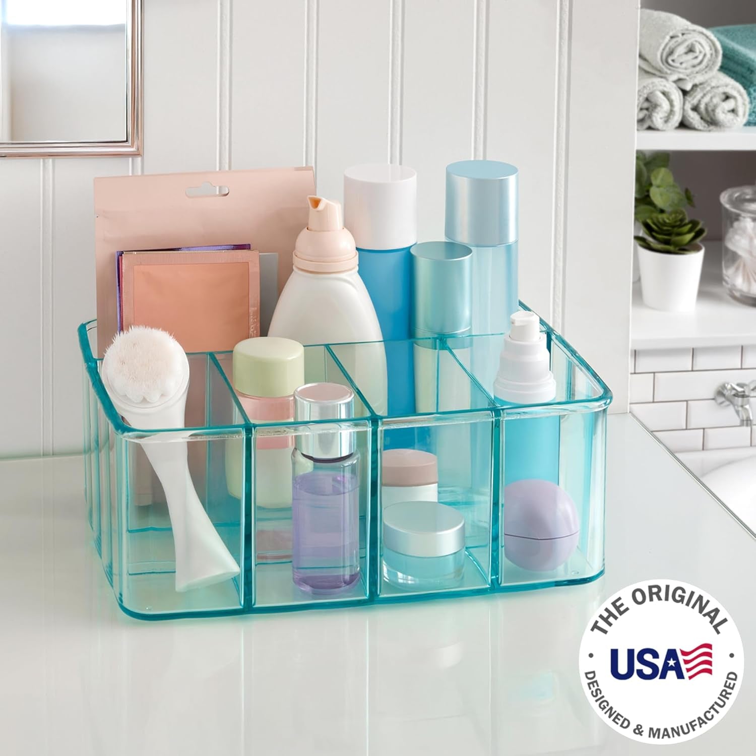 Plastic Vanity Organizer | 5-Compartments | Storage Bin for Makeup Brushes, Palettes, and Beauty Supplies | Keep Bath Products Organized on a Counter or under the Sink | Ocean Mist