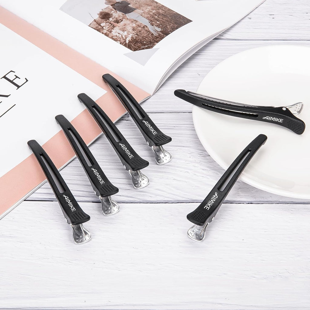 6Pcs Professional Hair Clips for Styling Sectioning, Non Slip No-Trace Duck Billed Hair Clips with Silicone Band, Salon and Home Hair Cutting Clips for Hairdresser, Women, Men - Black 4.3” Long