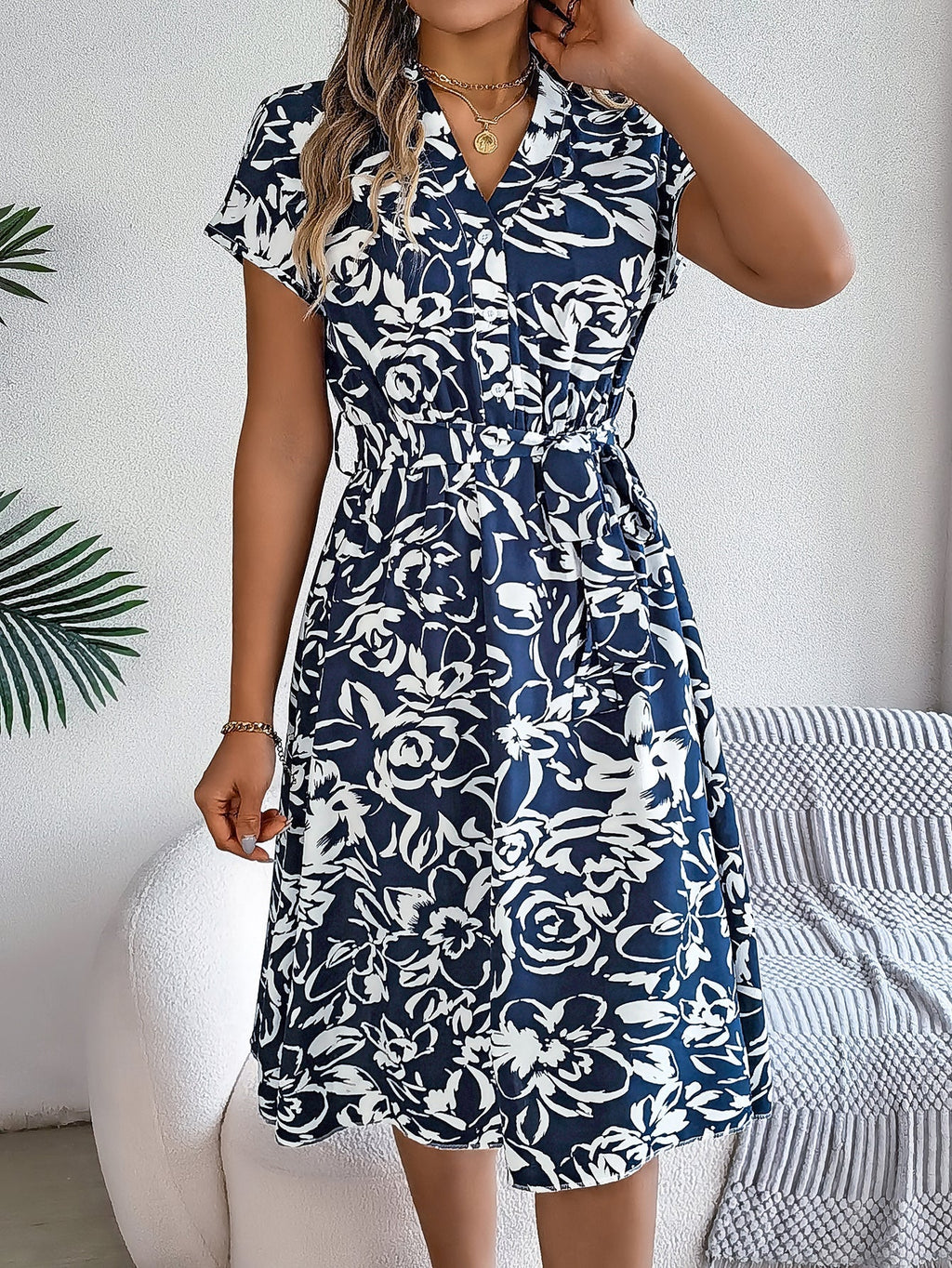 Women'S Casual V Neck Button Batwing Sleeve Floral Print Flowy Dress