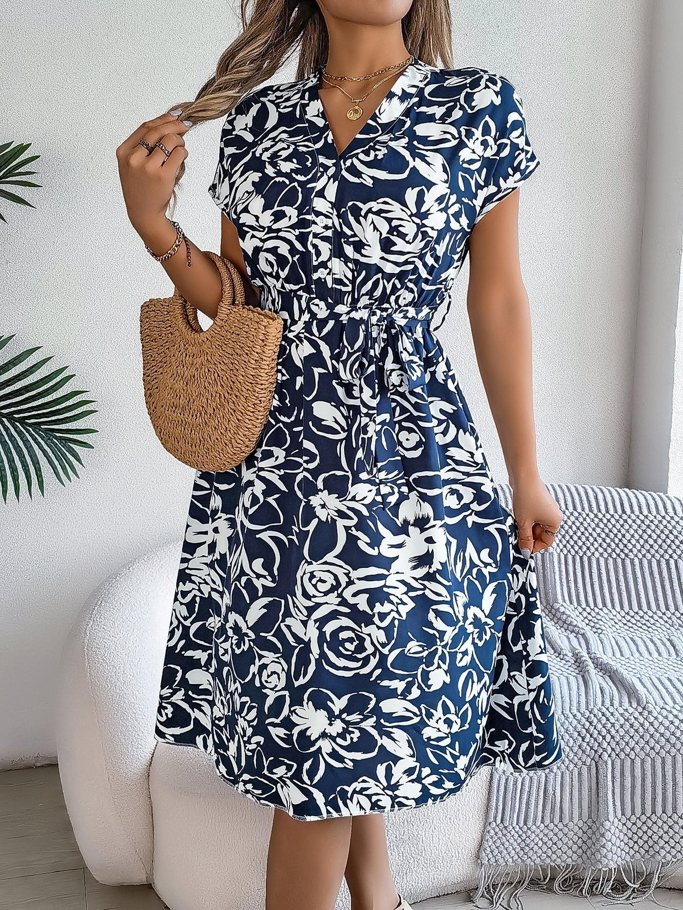 Women'S Casual V Neck Button Batwing Sleeve Floral Print Flowy Dress