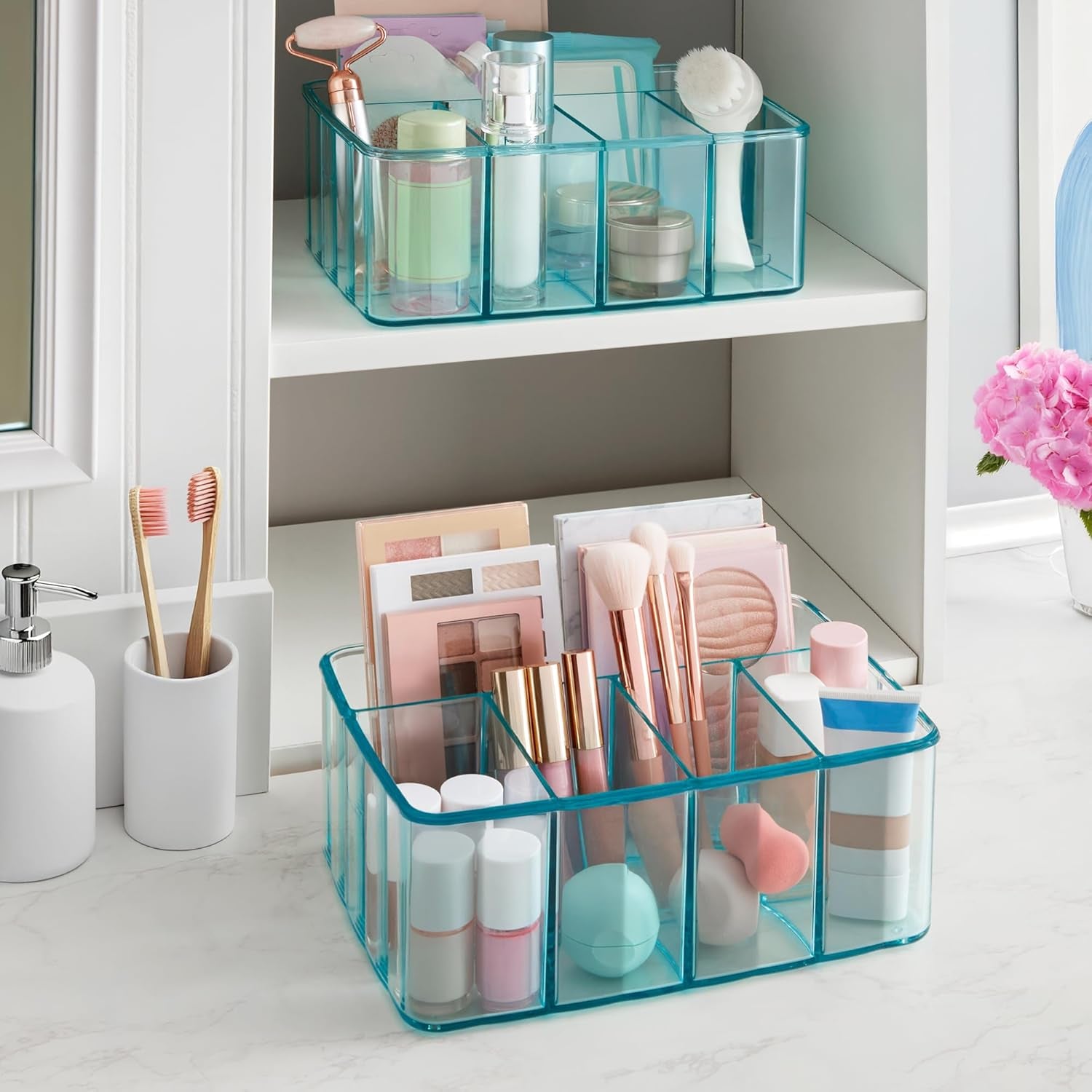 Plastic Vanity Organizer | 5-Compartments | Storage Bin for Makeup Brushes, Palettes, and Beauty Supplies | Keep Bath Products Organized on a Counter or under the Sink | Ocean Mist