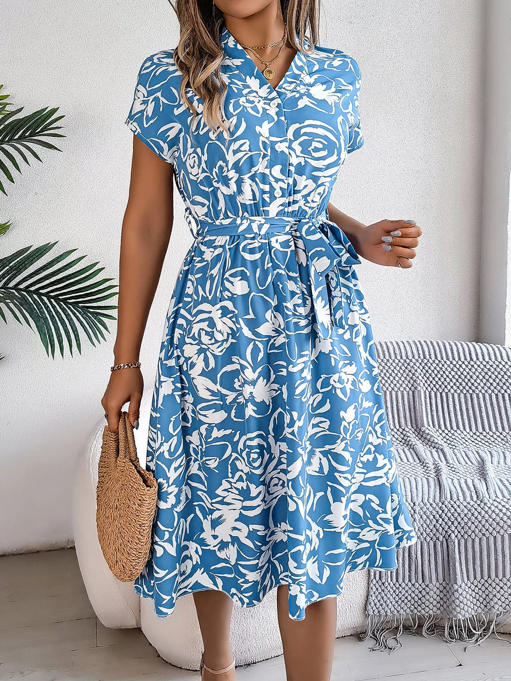 Women'S Casual V Neck Button Batwing Sleeve Floral Print Flowy Dress