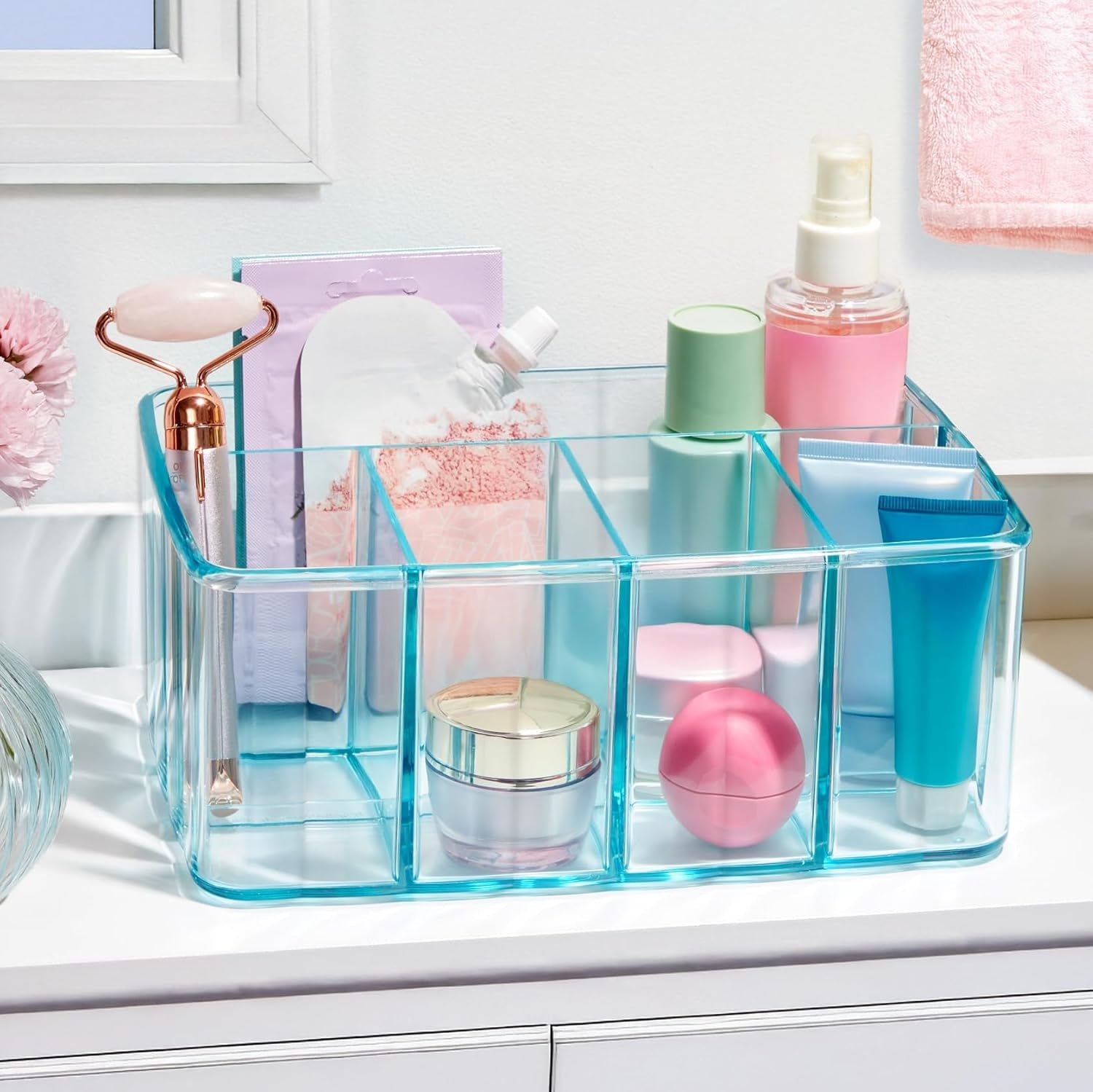 Plastic Vanity Organizer | 5-Compartments | Storage Bin for Makeup Brushes, Palettes, and Beauty Supplies | Keep Bath Products Organized on a Counter or under the Sink | Ocean Mist