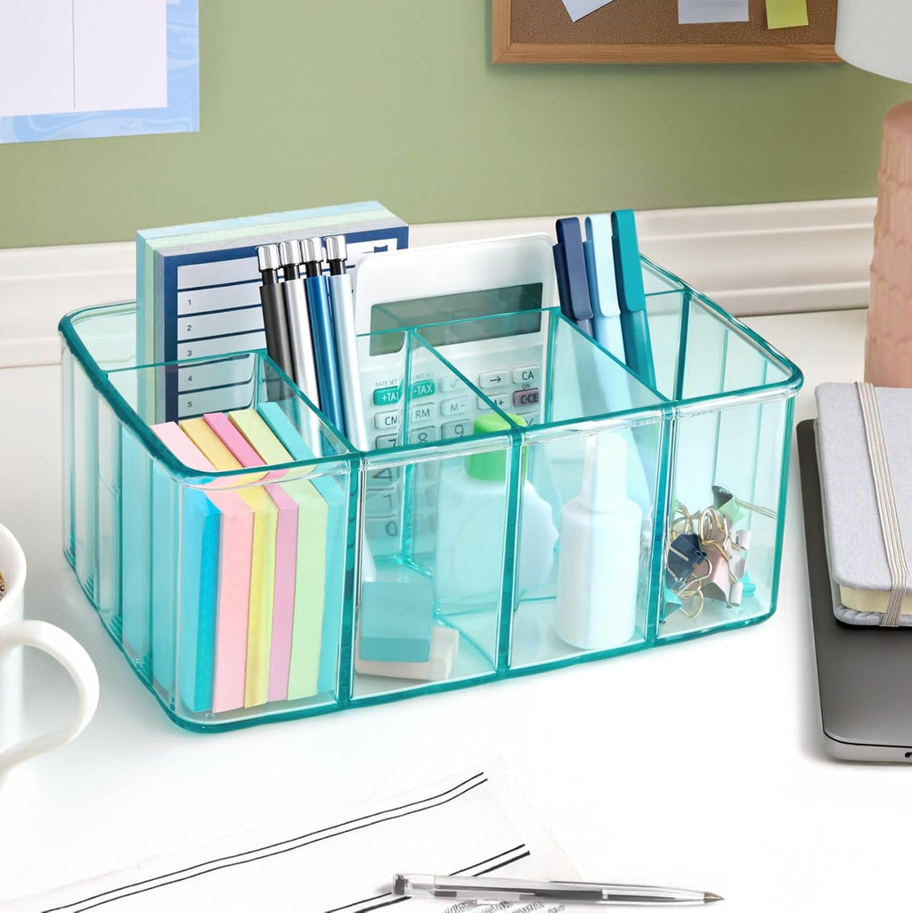 Plastic Vanity Organizer | 5-Compartments | Storage Bin for Makeup Brushes, Palettes, and Beauty Supplies | Keep Bath Products Organized on a Counter or under the Sink | Ocean Mist